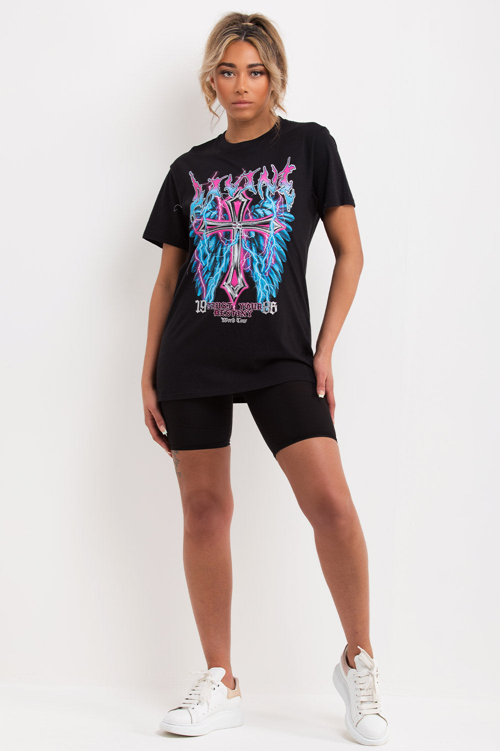 womens oversized t shirt with cross graphic print