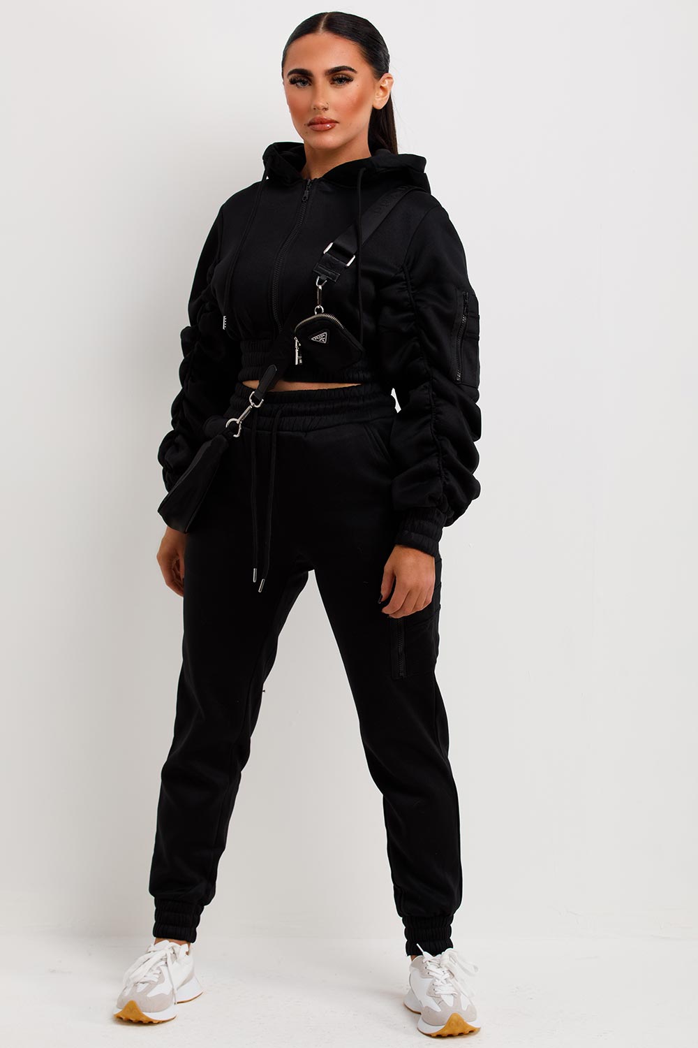womens black ruched sleeve crop hooded zipper and joggers co ord set