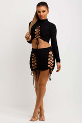lace up mini skirt and long sleeve crop top co ord set festival rave going out outfit