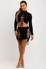 cut out long sleeve high neck crop top and mini skirt co ord festival rave going out outfit
