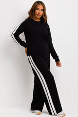 womens long sleeve top and wide leg trousers with side stripe loungewear co ord set styledup