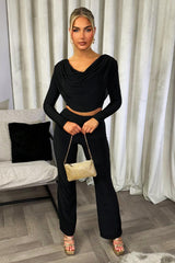 straight leg trousers and long sleeve drape crop top matching set valentine outfits