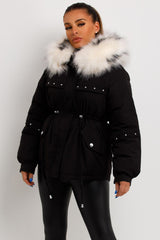womens parka coat with faux fur hood and drawstring waist