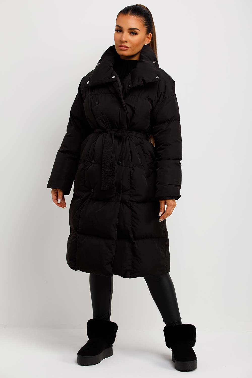 womens black puffer padded coat with belt