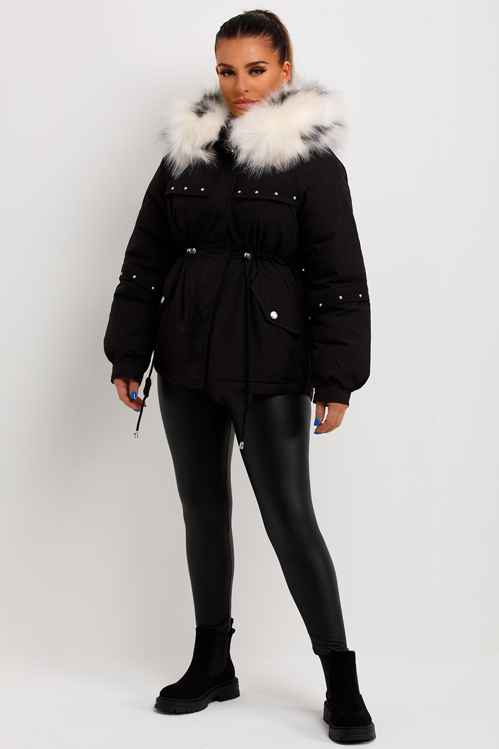 womens fur hood parka coat with studs and drawstring waist sale uk outerwear