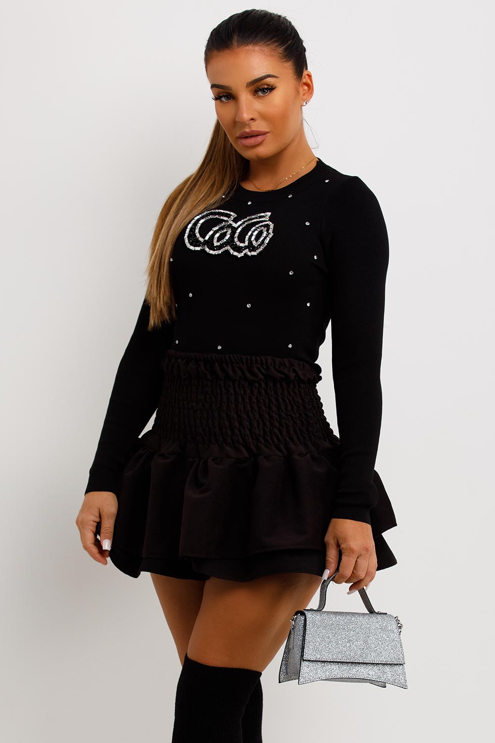 knitted long sleeve top with coco diamante detail going out christmas outfit