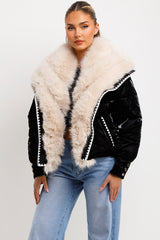 womens faux fur trim and collar padded puffer coat with stitching 