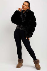 faux leather faux fur aviator jacket with double belt womens
