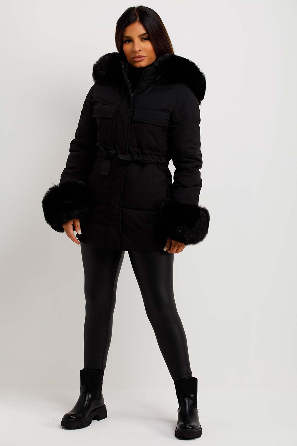 womens puffer padded coat with faux fur hood and cuff