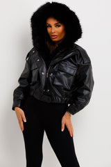 womens faux fur faux leather bomber jacket sale uk