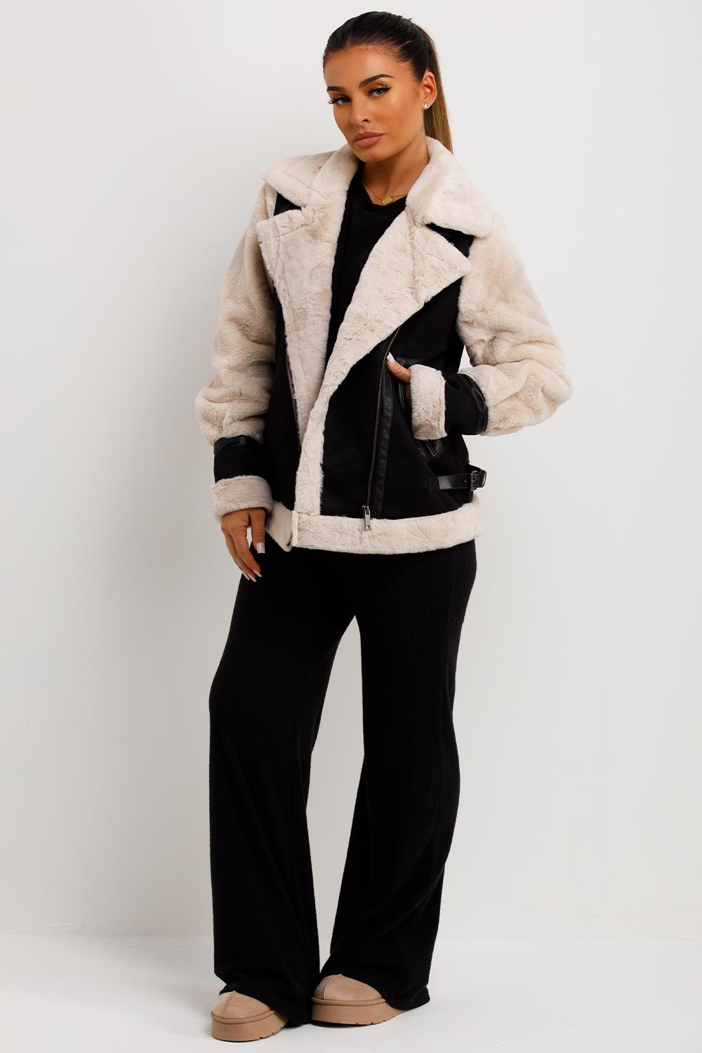 faux fur faux suede aviator jacket womens