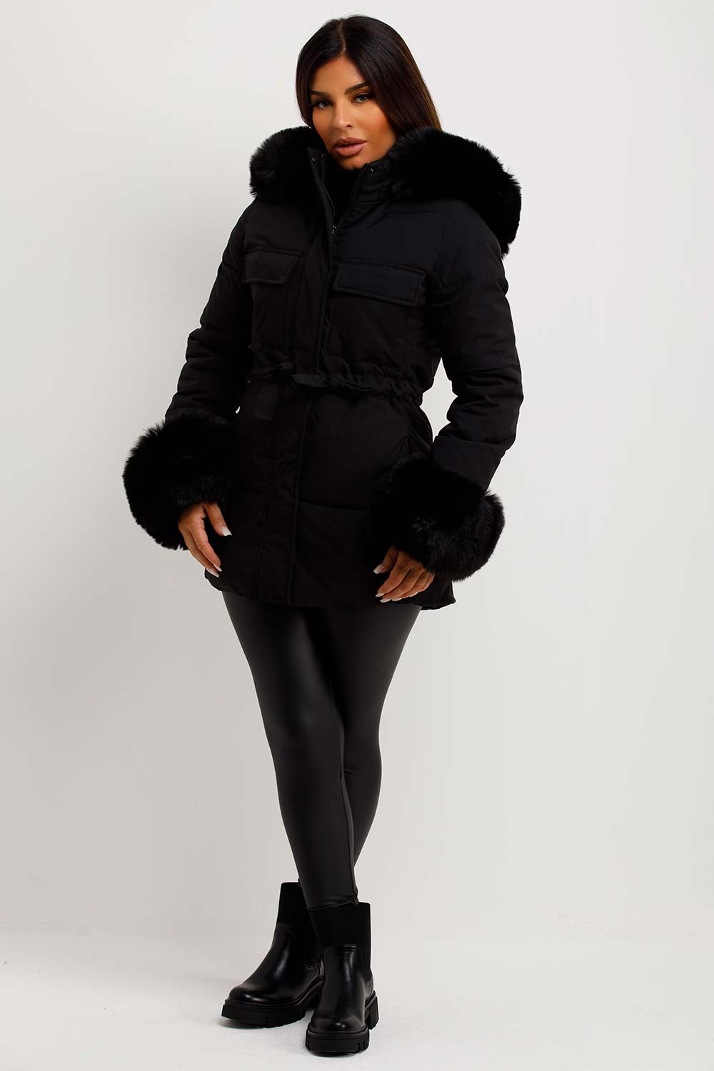 womens faux fur hood padded puffer coat black