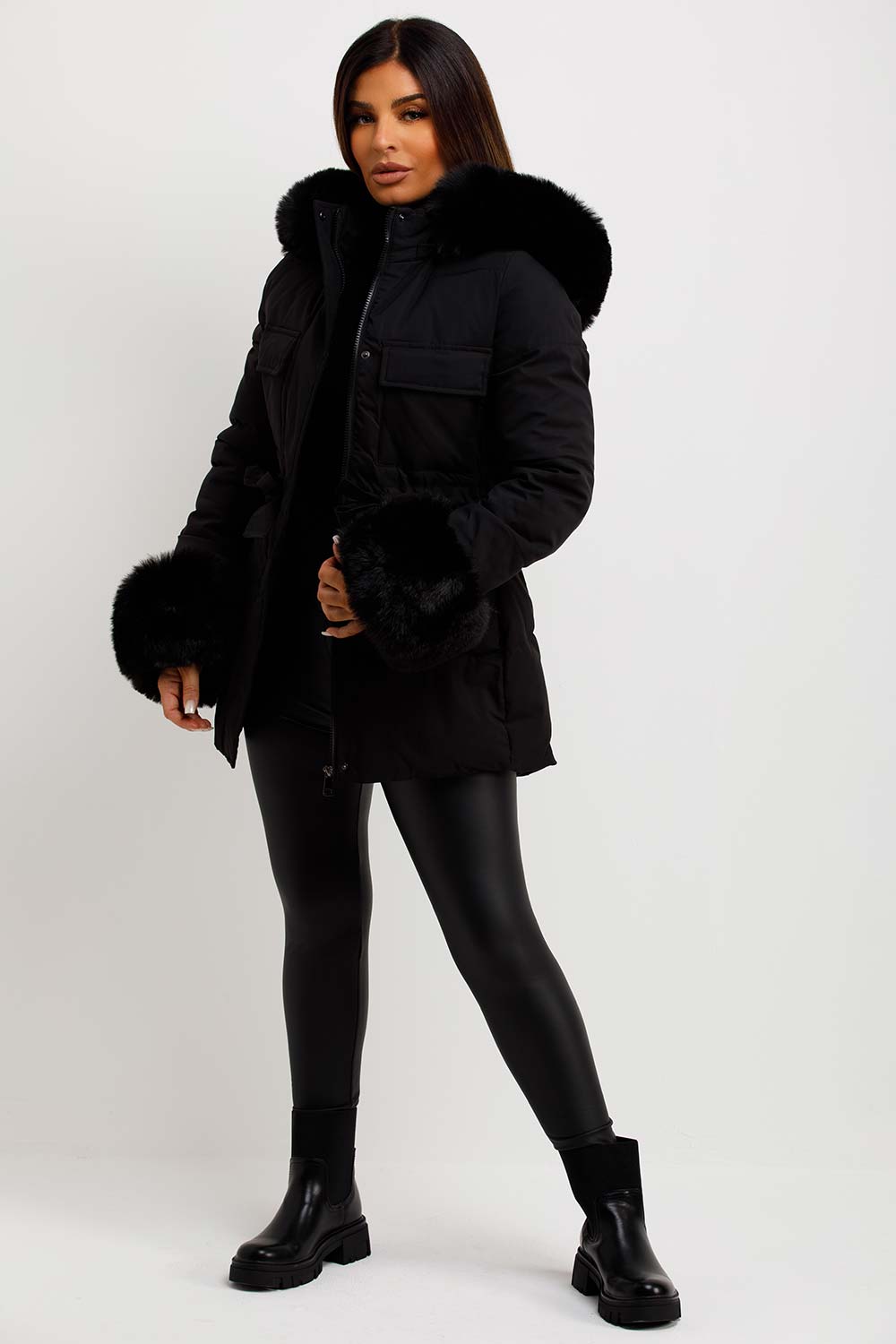 womens black fur hood and cuff puffer coat with drawstring