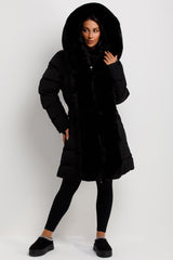 womens padded puffer long coat with faux fur hood