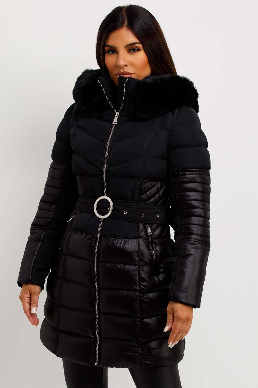 womens coat with fur hood and belt