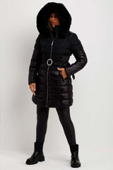 womens long shiny puffer coat with faux fur hood and belt
