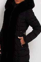 long puffer coat with fur hood and trim sale womens uk