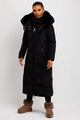 womens long puffer padded quilted coat with big faux fur hood