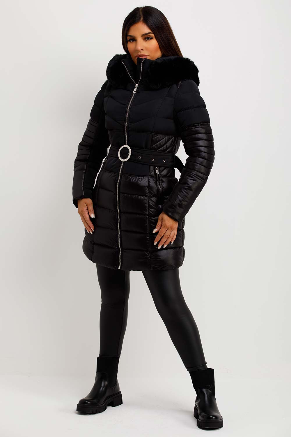 womens shiny padded puffer coat with fur hood and belt
