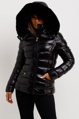 womens fur hood shiny puffer jacket sale uk