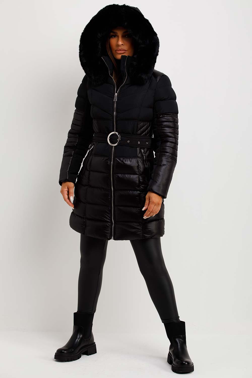 womens faux fur hood coat with belt