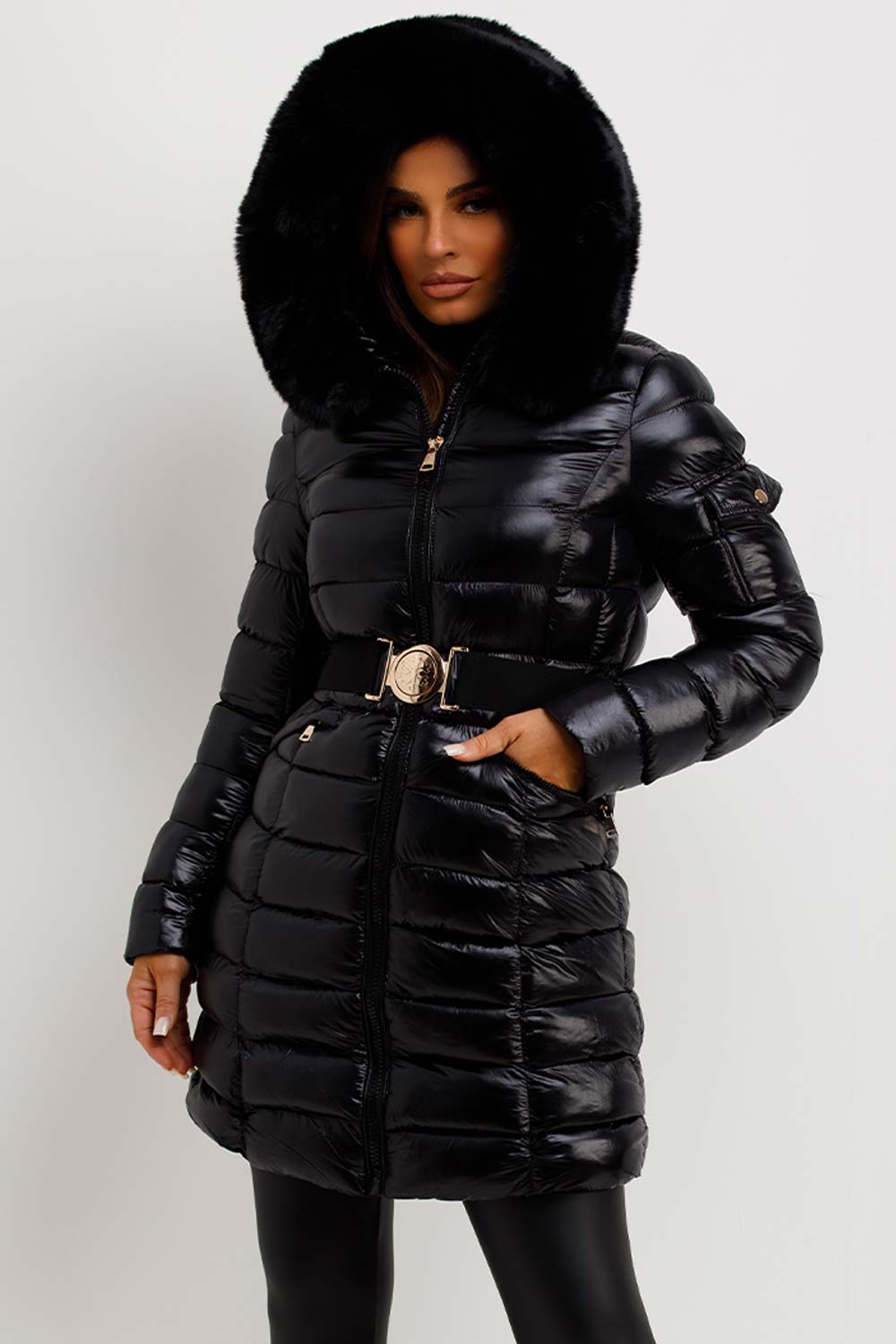 Black Shiny Puffer Coat With Fur Hood