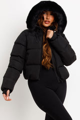 womens black puffer padded faux fur hooded jacket sale styledup