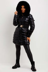 Black Shiny Puffer Coat With Fur Hood