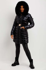 Black Shiny Puffer Coat With Fur Hood