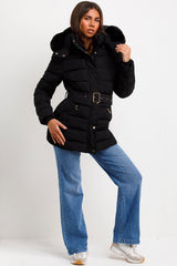 womens winter coat with fur hood and belt styled up