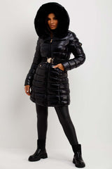 Black Shiny Puffer Coat With Fur Hood