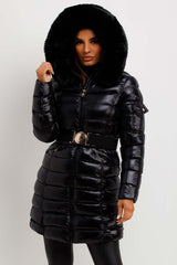 Black Shiny Puffer Coat With Fur Hood