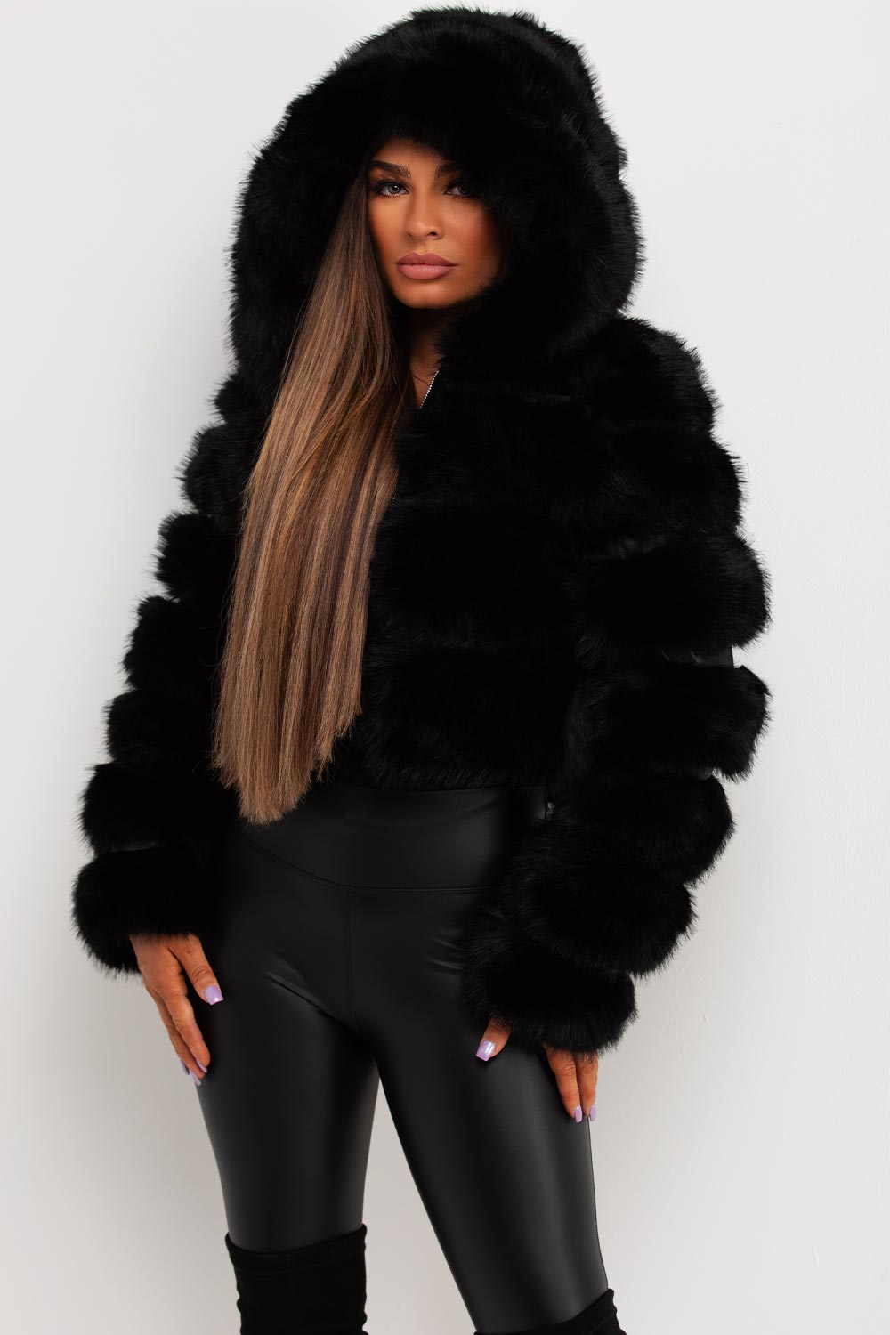 womens faux fur coat with hood sale uk