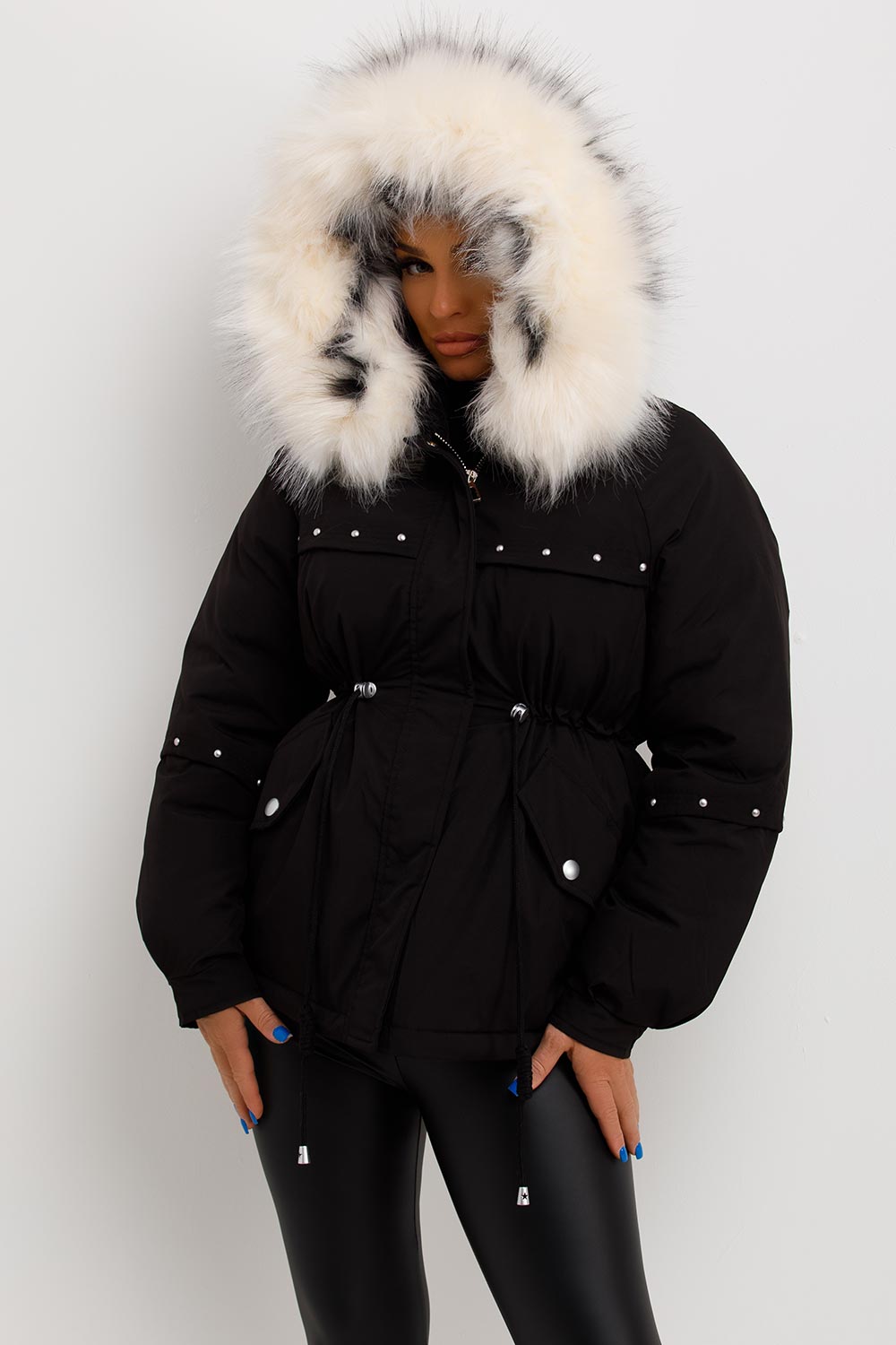 womens coat with big fur hood and drawstring waist