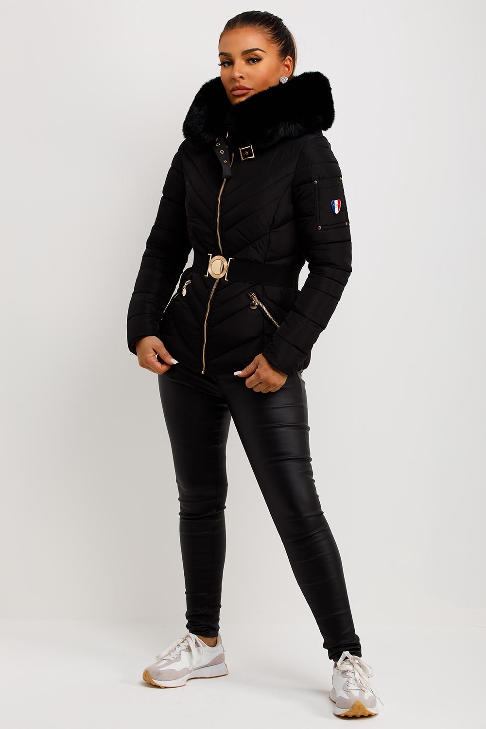 Women's Puffer Jacket With Fur Hood And Belt Black – Styledup.co.uk