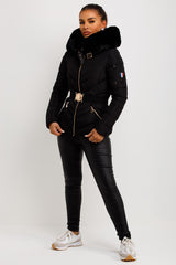 faux fur hood puffer jacket with belt womens styledup