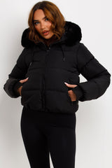 faux fur hood padded puffer jacket womens