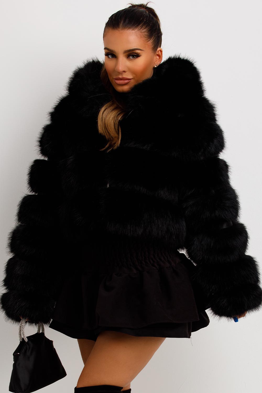 cropped faux fur coat with hood