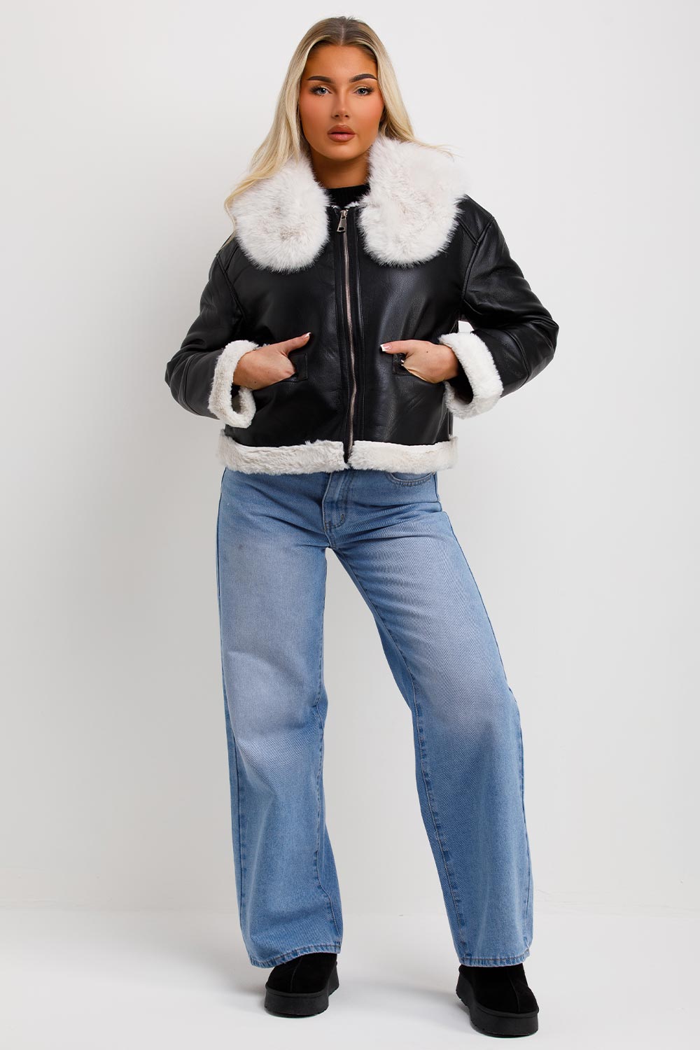 womens crop aviator jacket in faux leather