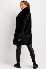 faux fur coat with belt and button fastening black