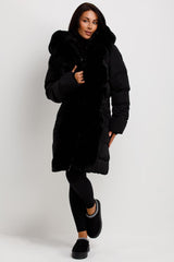 faux fur hood and trim longline padded puffer coat