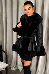 black faux leather faux fur tring jacket with belt sale
