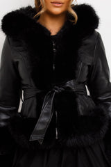 fur coat with hood and belt black styledup