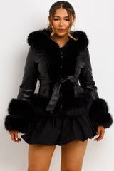 fur jacket with hood and belt styledup