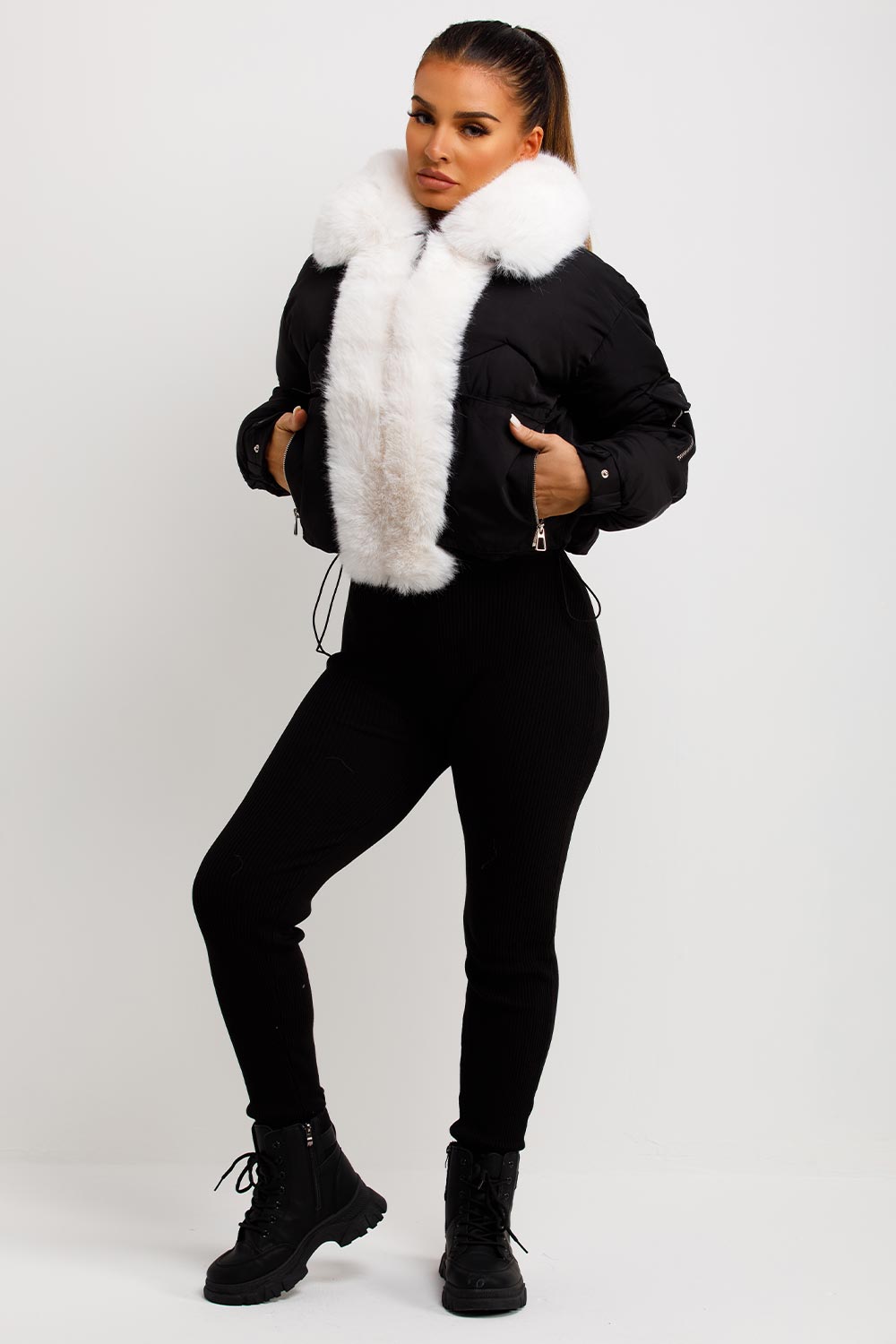 womens black puffer jacket with faux fur trim and collar