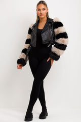 contrast fur sleeve faux leather crop aviator jacket for womens