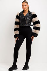 womens crop faux leather jacket with contrast faux fur sleeves