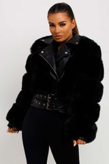 womens cropped faux fur jacket with faux leather