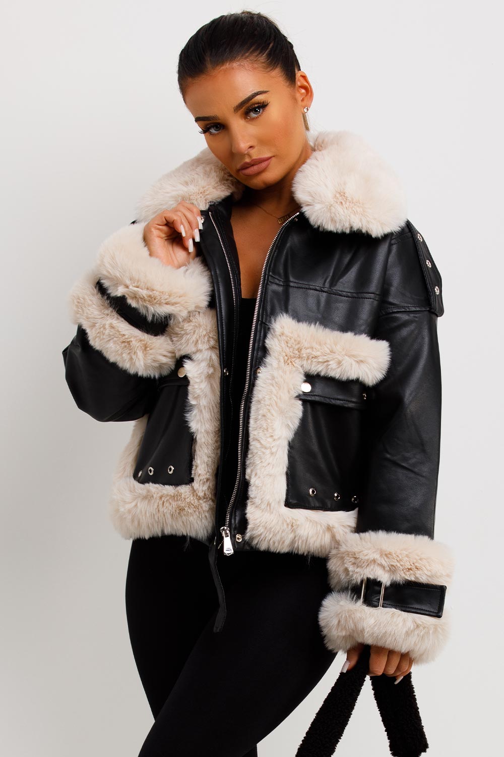 Women's Black Faux Fur Trim Faux Leather Jacket – Styledup.co.uk