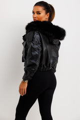 womens short faux leather faux fur bomber jacket